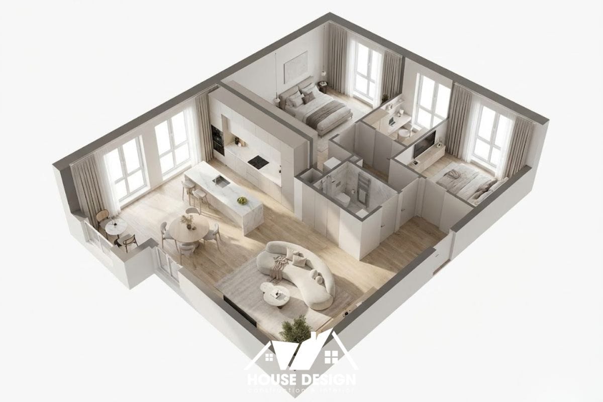 Mẫu 3D căn hộ 60m2 2 phòng ngủ với thiết kế bếp đảo và không gian mở liên hoàn.