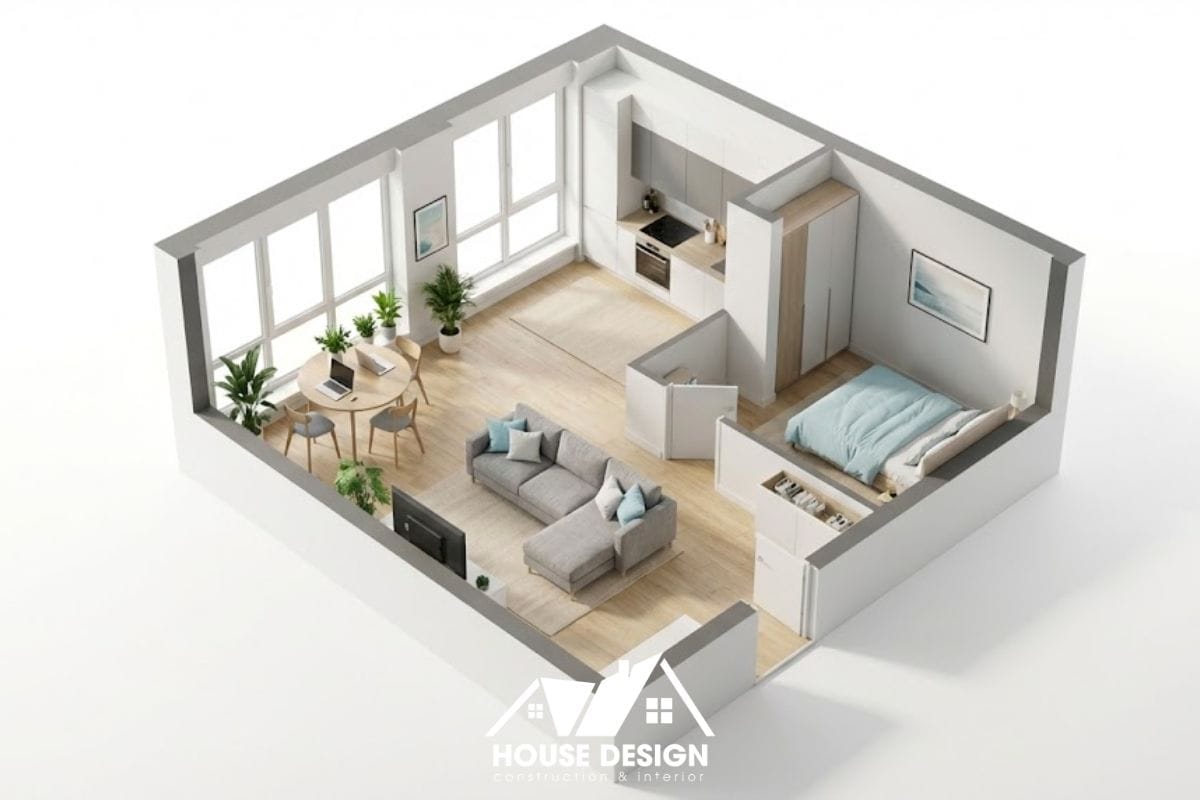 bản vẽ 3d căn hộ góc 45m2 có cửa sổ hai mặt thoáng