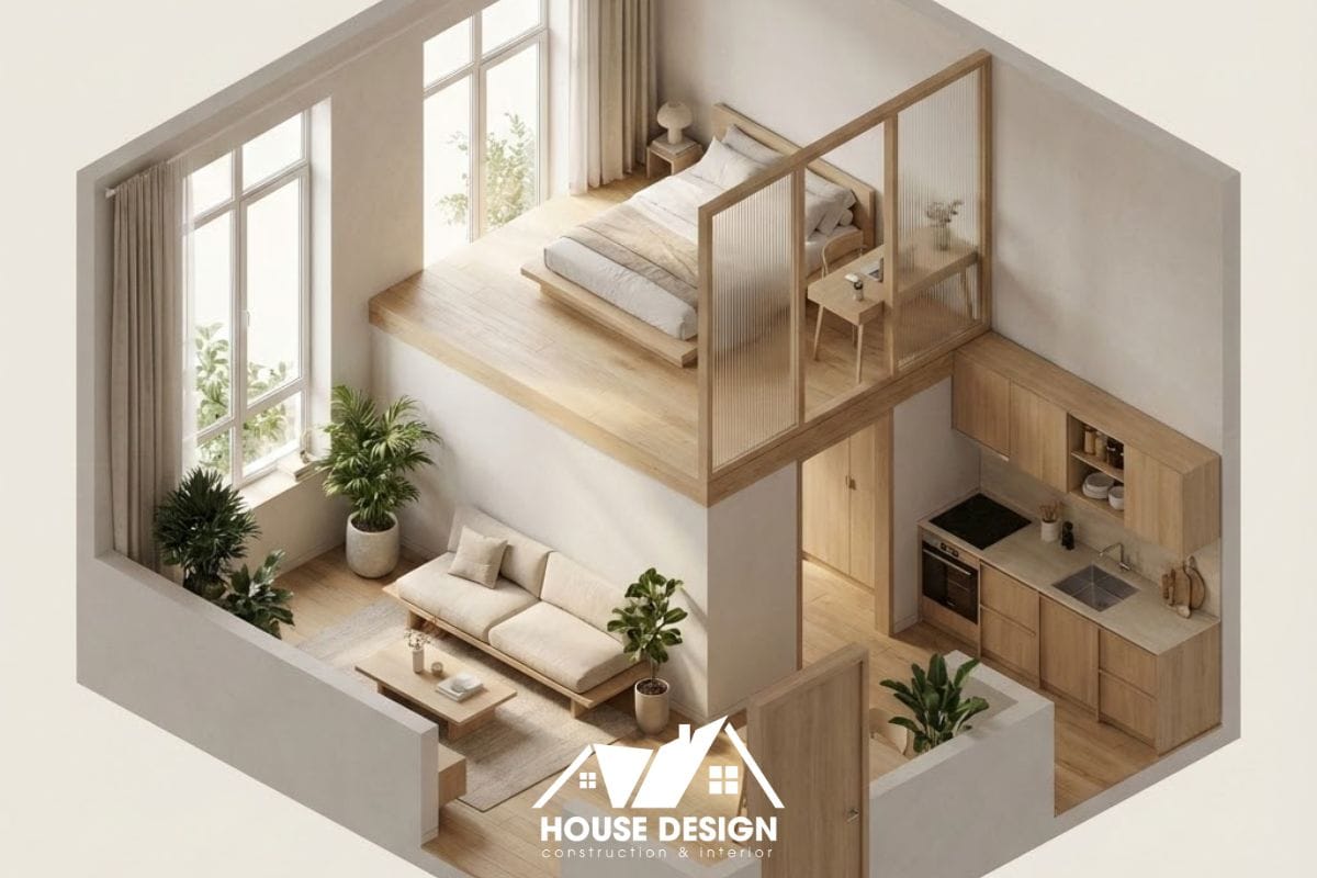 sơ đồ 3d căn hộ thiết kế sàn giật cấp chia tách không gian