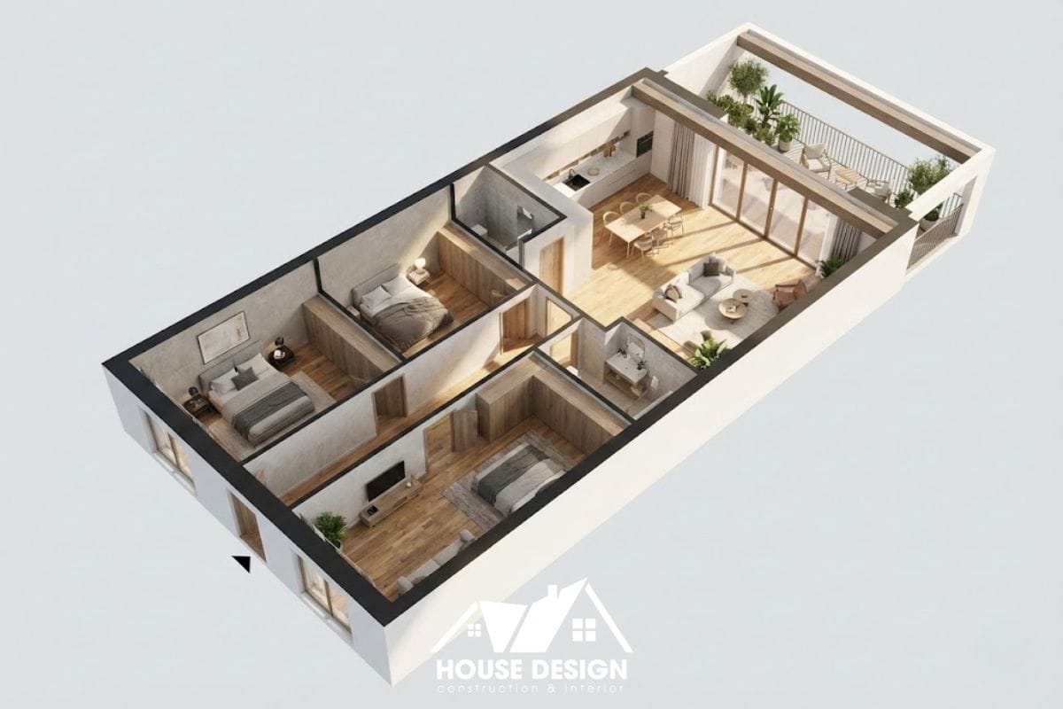 Mẫu thiết kế 3D căn hộ 60m2 hình chữ nhật dài với 3 phòng ngủ và logia thoáng.