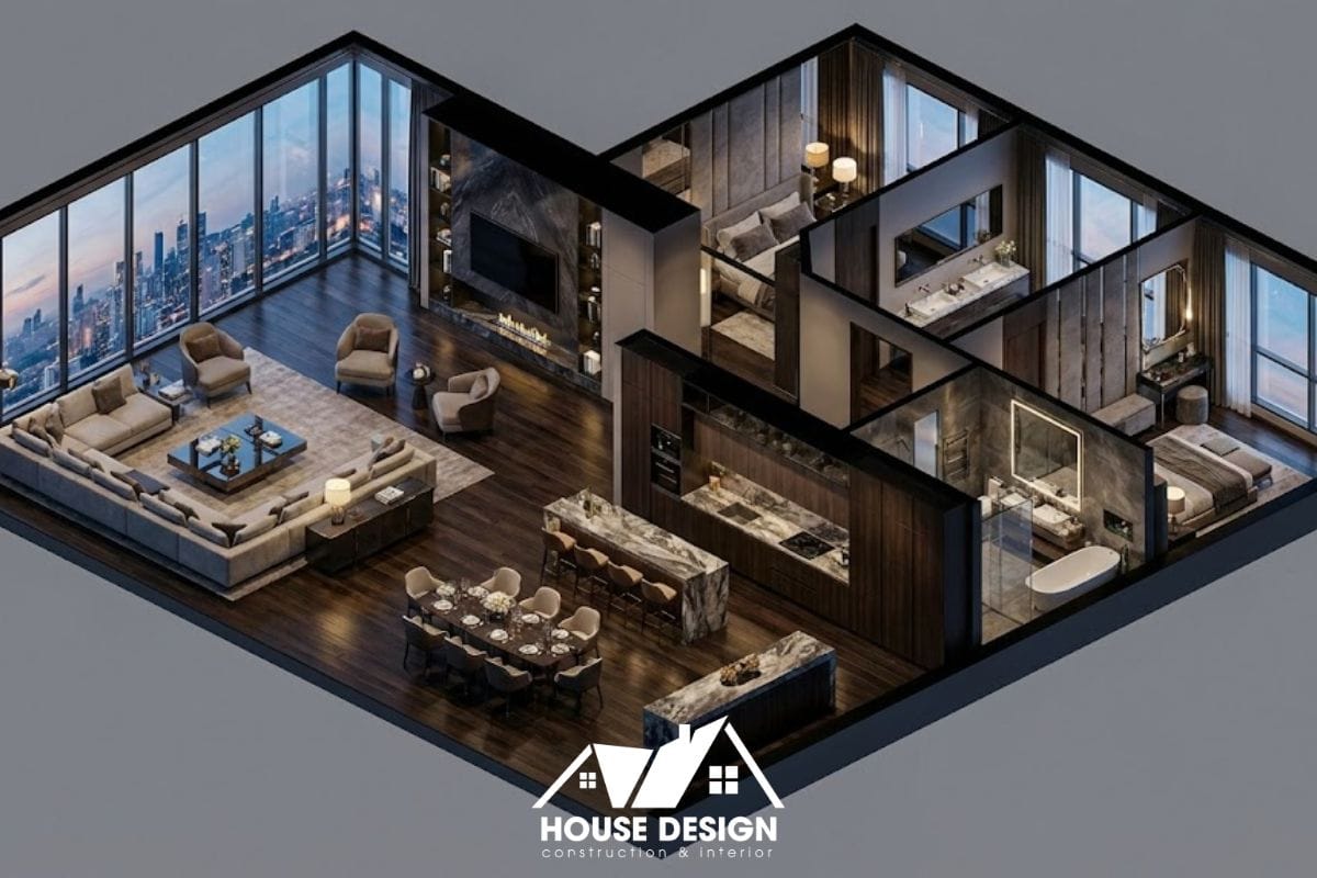 thiết kế 3d căn hộ với phòng khách chữ L ôm trọn view kính panorama