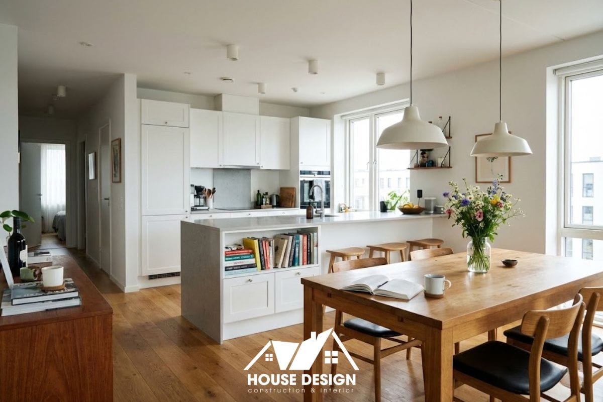 khu vực bếp và bàn ăn chung cư thiết kế mở, phong cách hiện đại tiện nghi