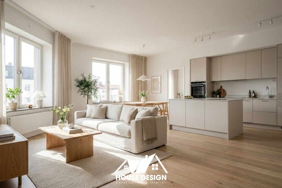 toàn cảnh phòng khách liền bếp căn hộ 50m2 thiết kế hiện đại thoáng đãng