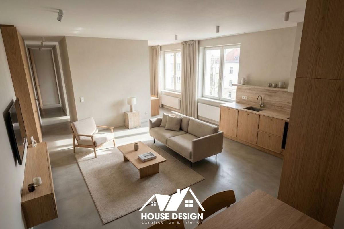 thiết kế nội thất căn hộ 60m2 3 phòng ngủ với không gian mở phòng khách liền bếp hiện đại