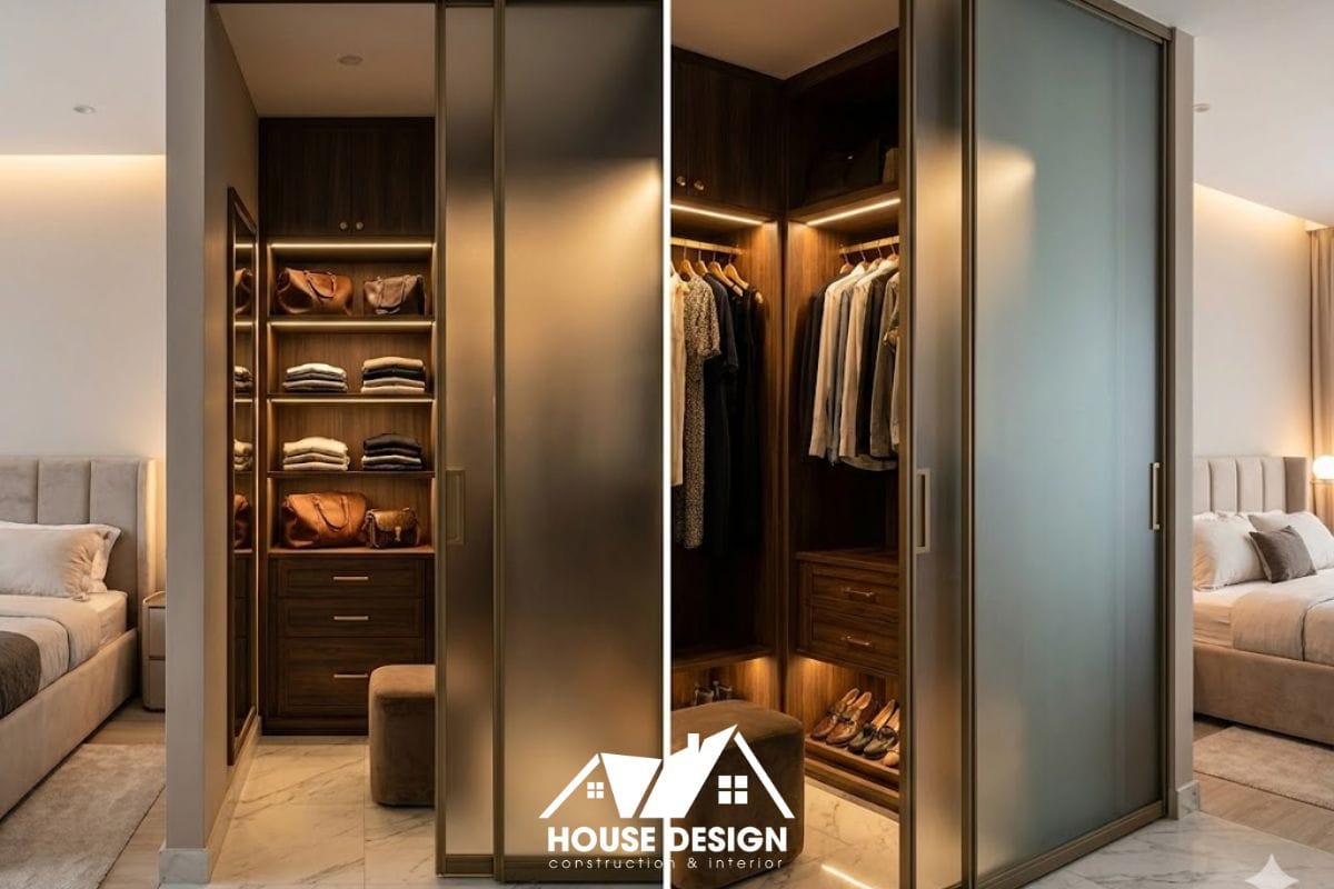 phòng thay đồ walk-in closet nhỏ gọn sang trọng trong căn hộ 50m2
