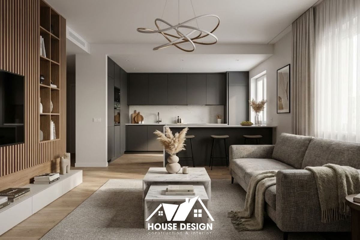 không gian nội thất căn hộ 50m2 hoàn thiện thực tế với thiết kế không gian mở sang trọng