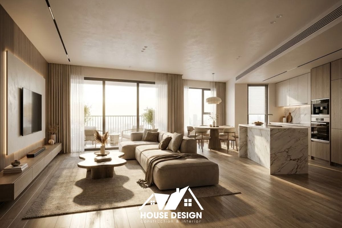 Bản vẽ sơ đồ 3D tổng thể căn hộ 80m2 3 phòng ngủ nhìn từ trên cao.