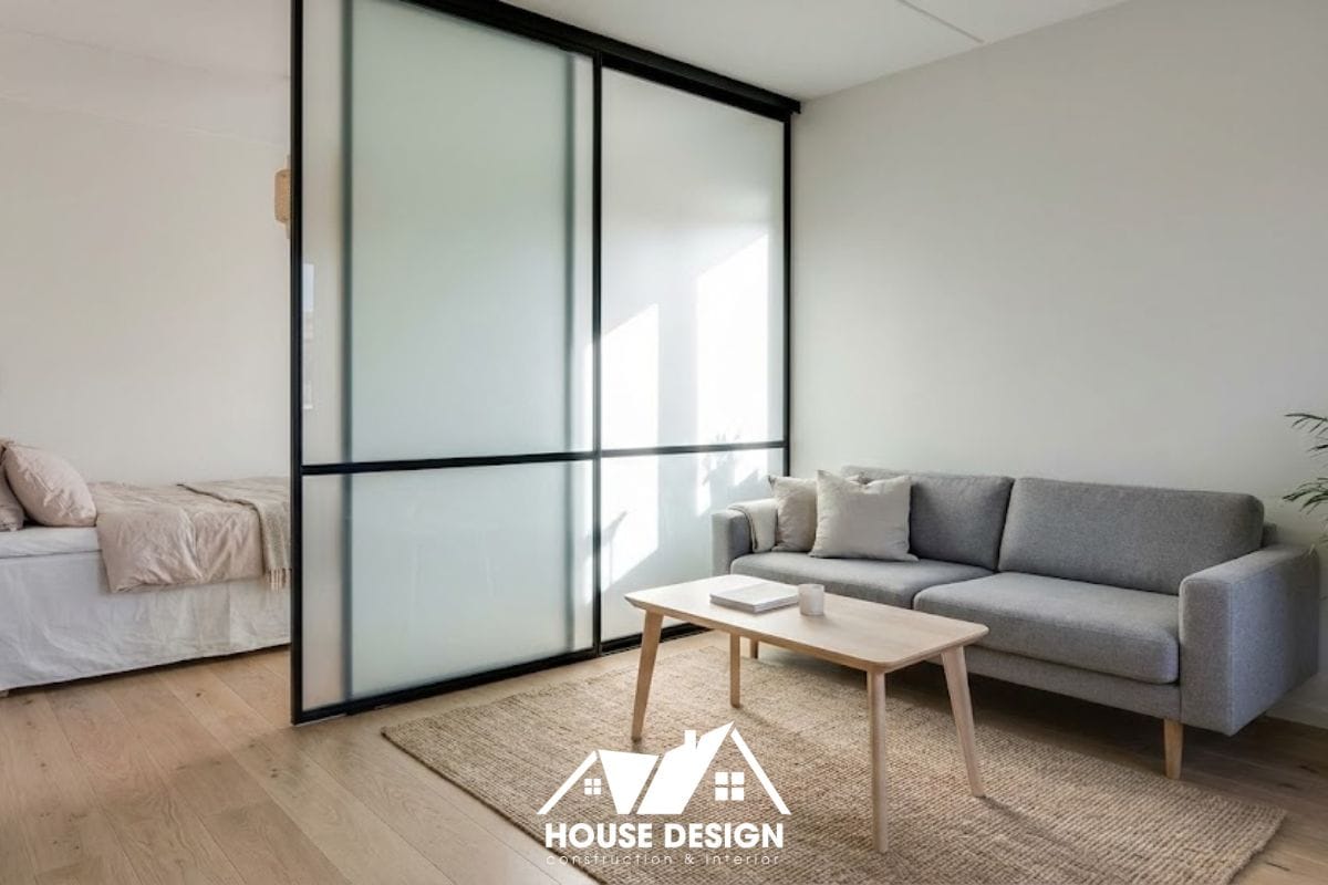 sử dụng vách kính mờ ngăn phòng ngủ trong căn hộ nhỏ để lấy sáng