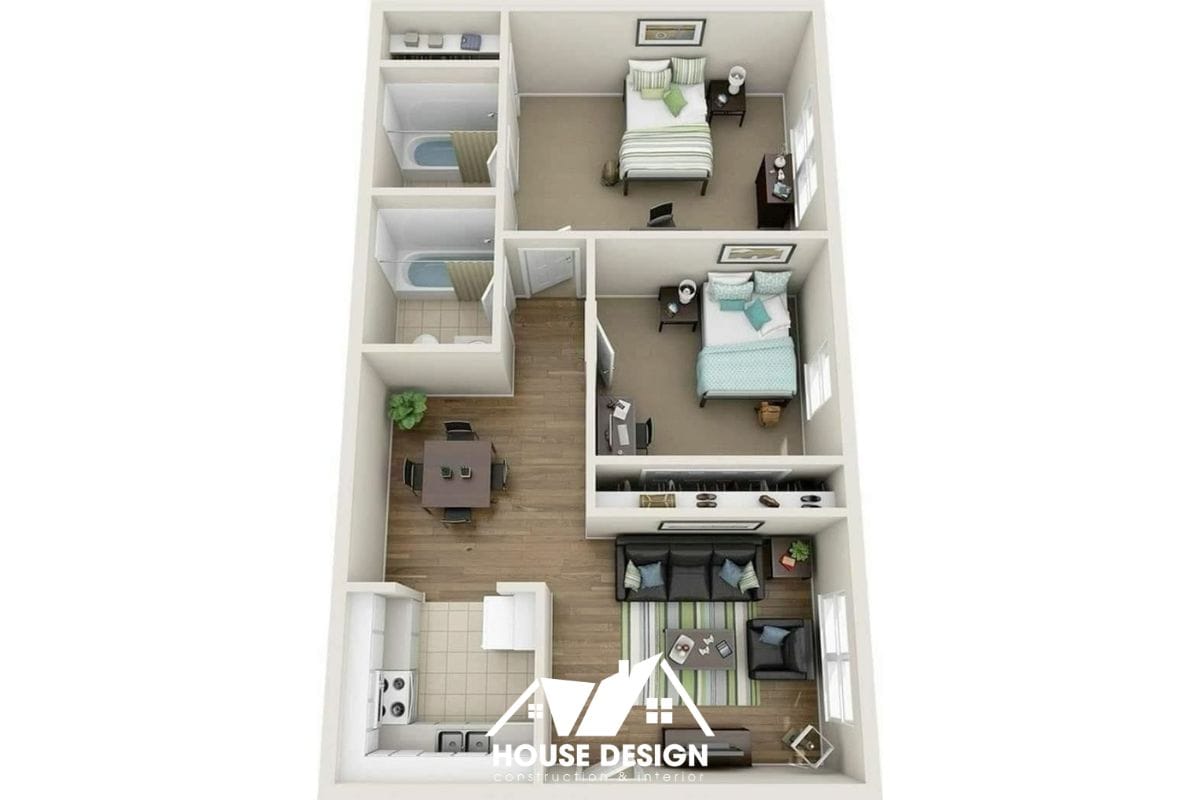 mẫu căn hộ 50m2 phong cách scandinavian với khu bếp tách biệt gọn gàng