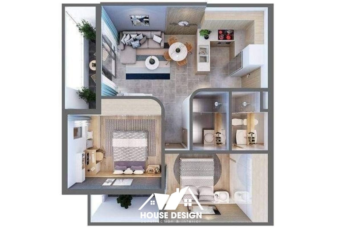 Sự kết hợp giữa mặt đá Granite mạnh mẽ và ánh sáng từ cửa sổ lớn.