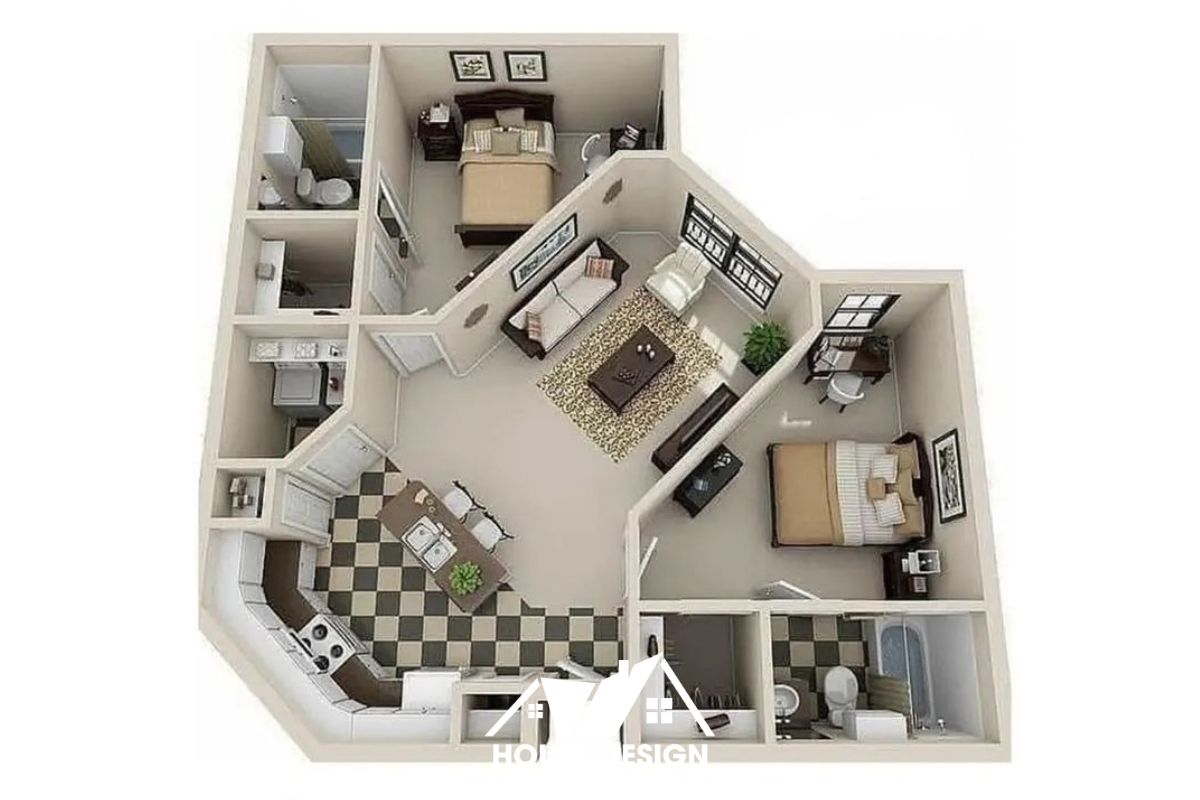 bố trí nội thất phòng khách và bàn ăn 6 ghế cho gia đình trong chung cư 50m2