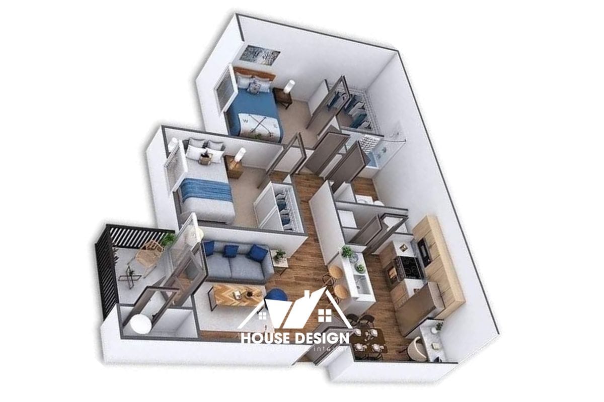 thiết kế bếp chữ L kết hợp bàn đảo hiện đại cho căn hộ 50m2