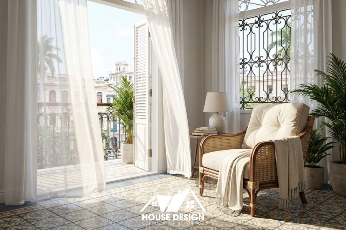 Ánh sáng tự nhiên tràn ngập phòng khách chung cư phong cách Indochine qua cửa sổ lớn.