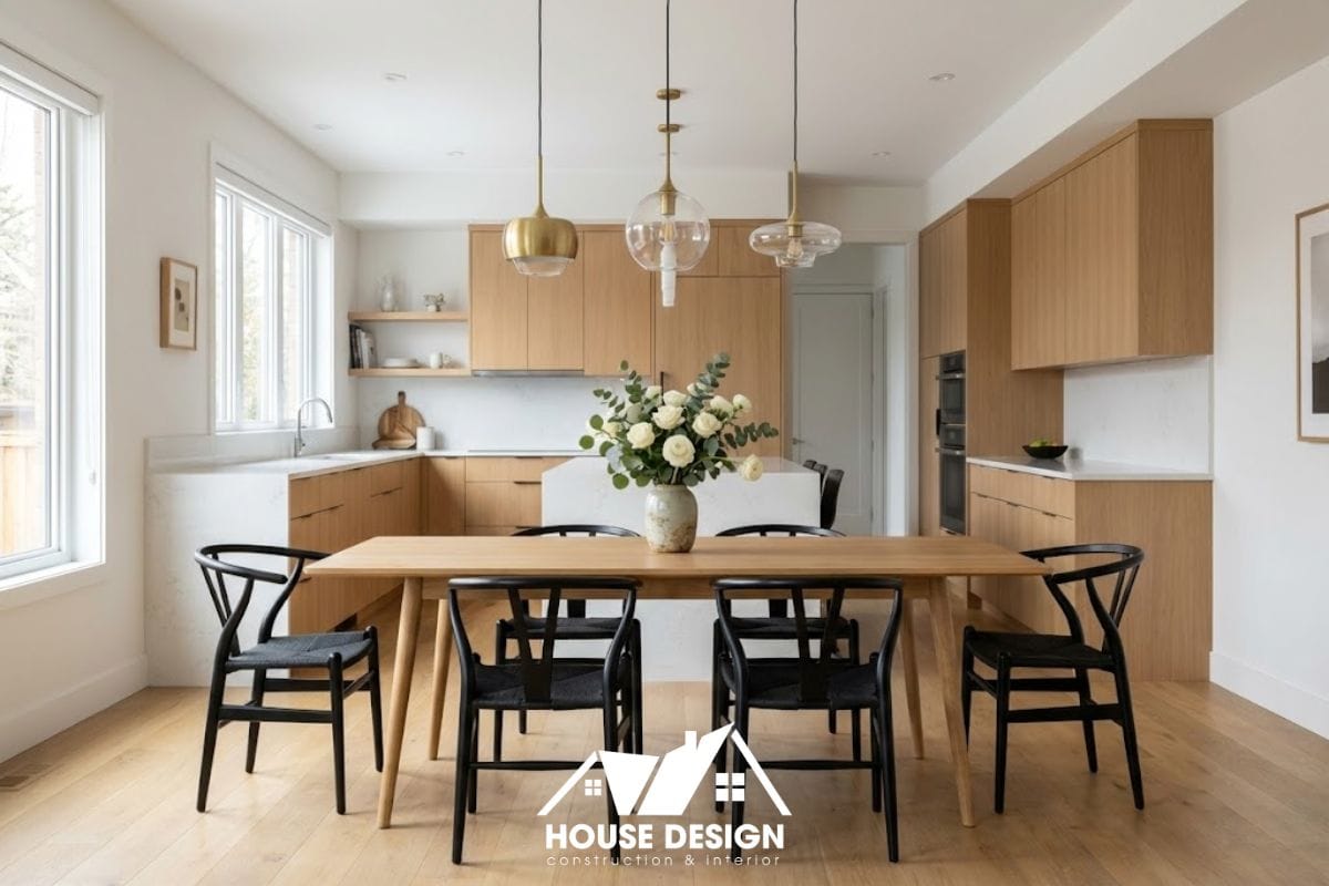 Bộ bàn ăn 4 ghế hiện đại đặt cạnh khu vực bếp nấu tiện nghi.