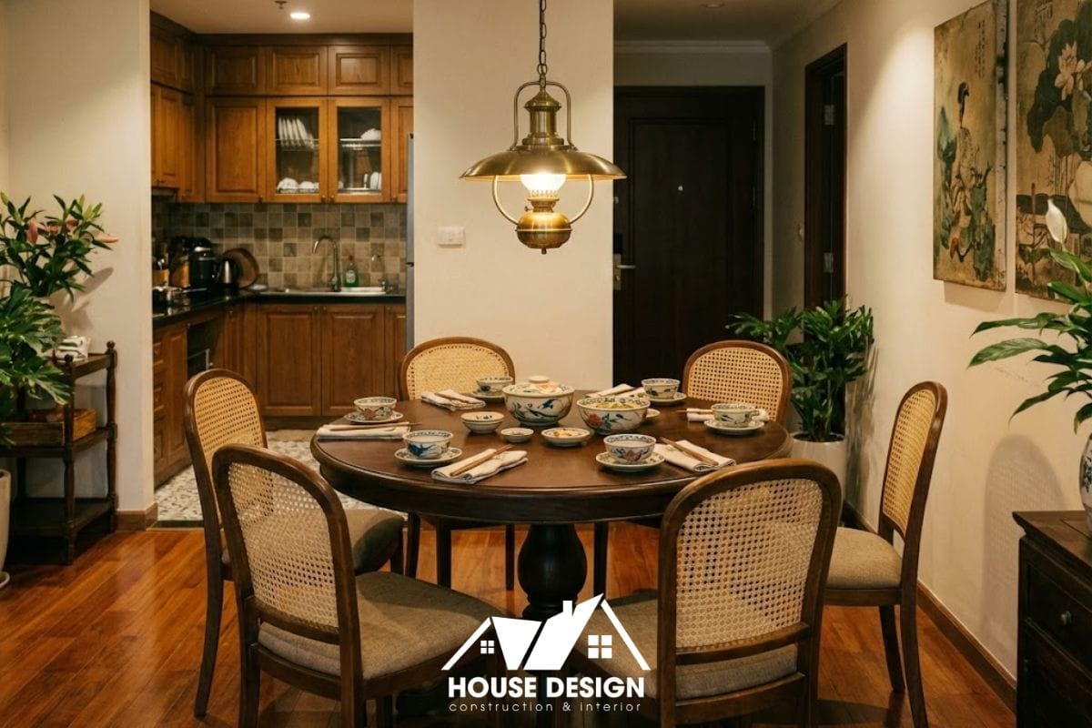 Bộ bàn ăn gỗ tự nhiên hình tròn hoặc oval trong không gian bếp chung cư phong cách Indochine.