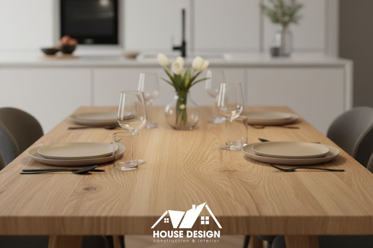 bộ bàn ăn gỗ thiết kế hiện đại là trung tâm của căn hộ