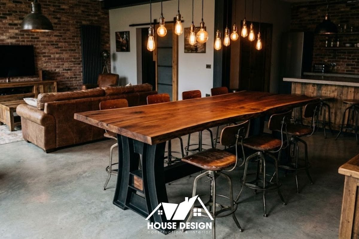 bàn ăn gỗ nguyên tấm chân sắt trong không gian industrial