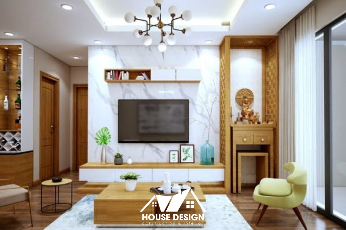 Mẫu bàn thờ dạng tủ đứng đặt lọt hốc cạnh kệ tivi phòng khách chung cư phong cách Modern tối giản.