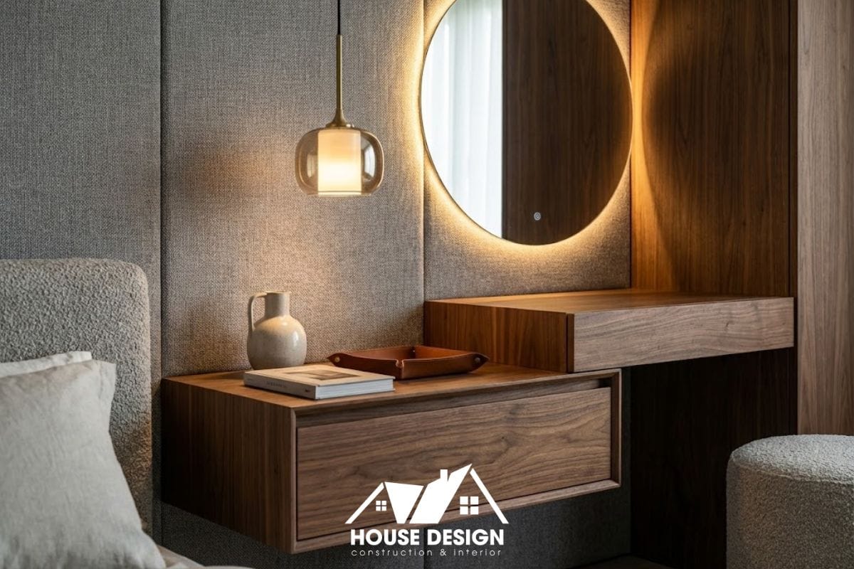 Chi tiết bàn trang điểm treo tường kết hợp tab đầu giường trong phòng ngủ chung cư hiện đại.