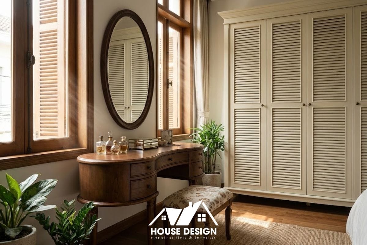 Khu vực bàn trang điểm và tủ quần áo cánh chớp trong phòng ngủ chung cư phong cách Indochine.