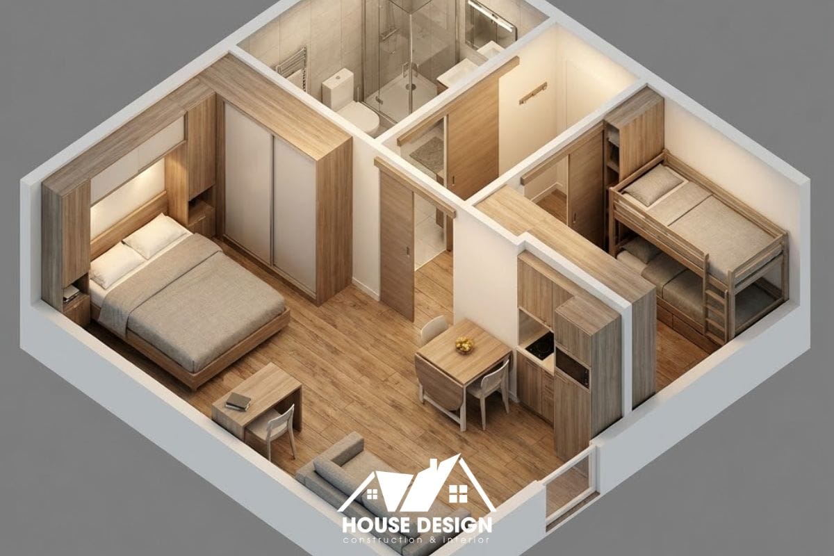 Sơ đồ 3D bố trí 2 phòng ngủ nhỏ gọn trong diện tích 30m2.