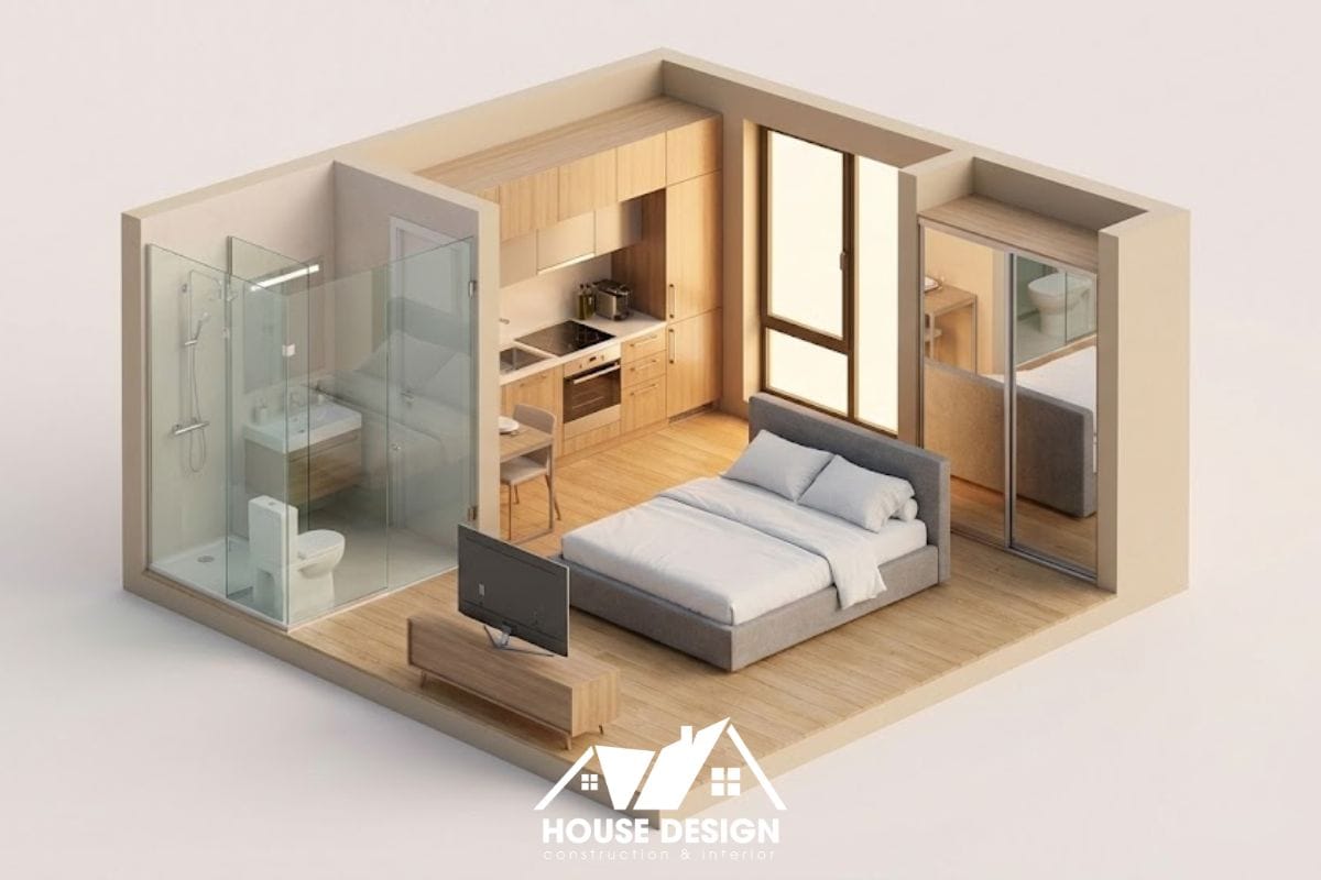 Bản vẽ 3D căn hộ vuông 30m2 với giường ngủ ở trung tâm.