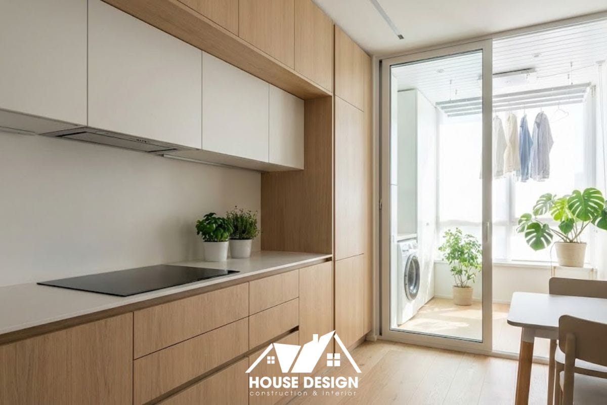 Khu bếp căn hộ mini thiết kế liền kề logia thông thoáng giúp thoát mùi hiệu quả, bố trí máy giặt gọn gàng.
