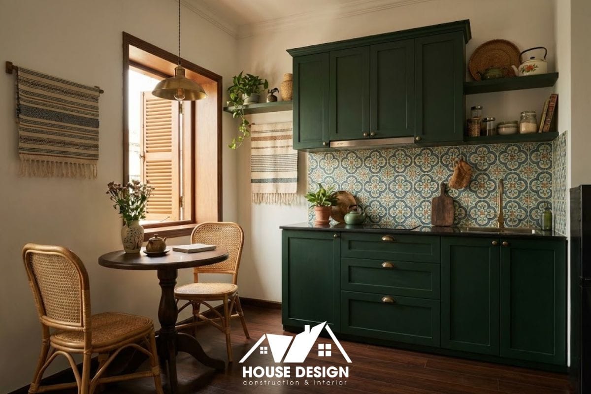 Góc bếp nhỏ gọn trong chung cư phong cách Indochine với gạch bông ốp tường.