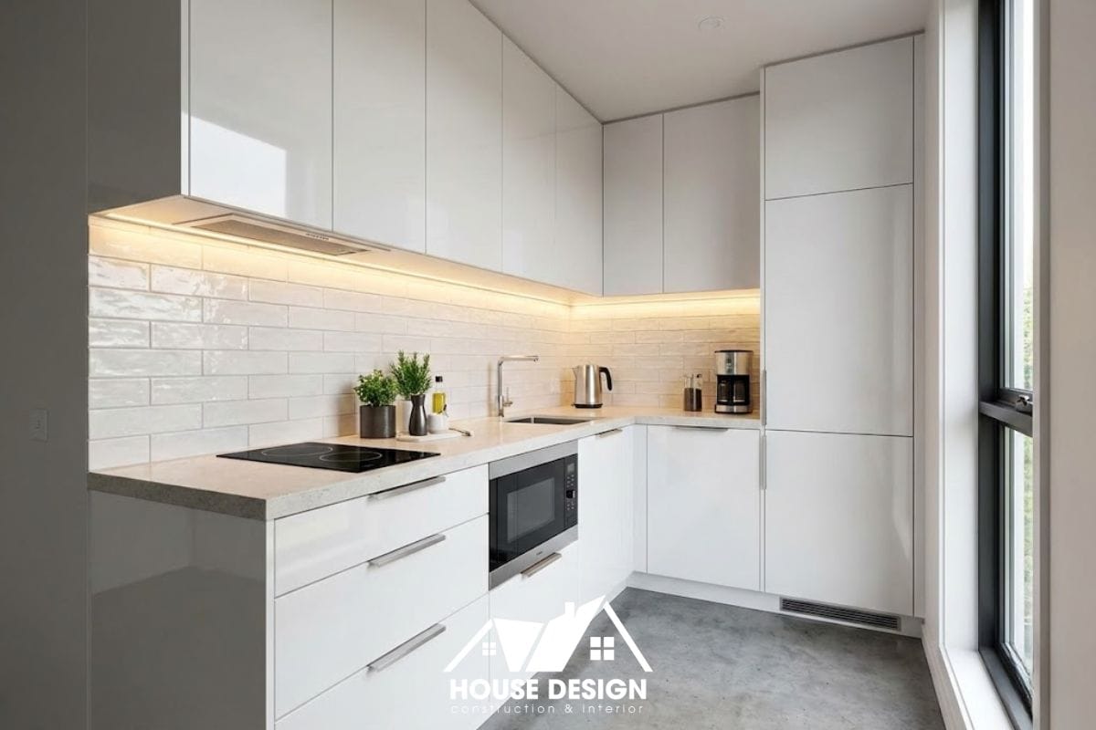 Khu bếp nhỏ gọn tiện nghi sát tường với gam màu sáng cho căn hộ studio.