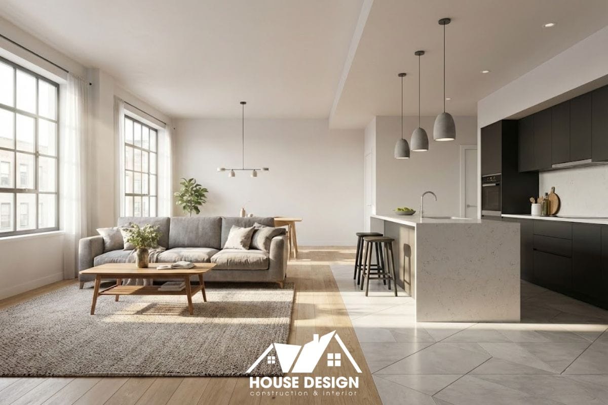 Thiết kế không gian mở liên thông phòng khách và bếp trong căn hộ chung cư hiện đại.