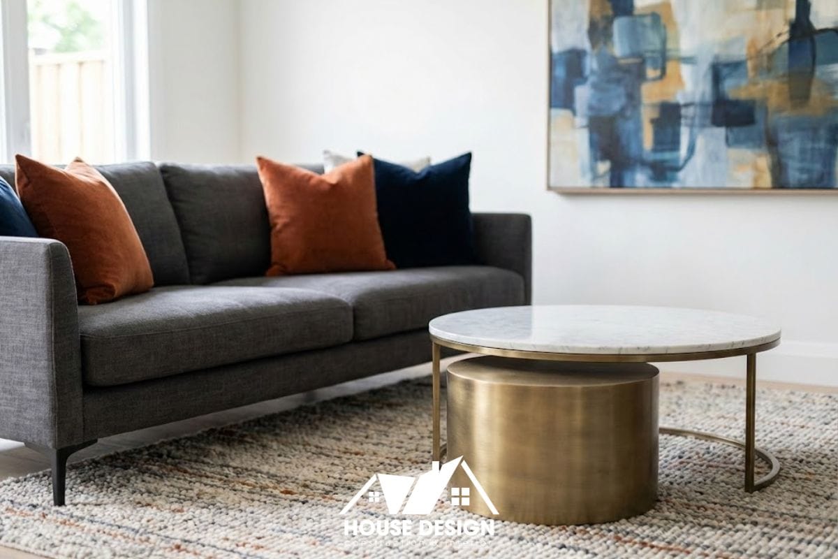 Bộ sofa nỉ màu ghi xám hiện đại kết hợp bàn trà mặt đá trong phòng khách chung cư.