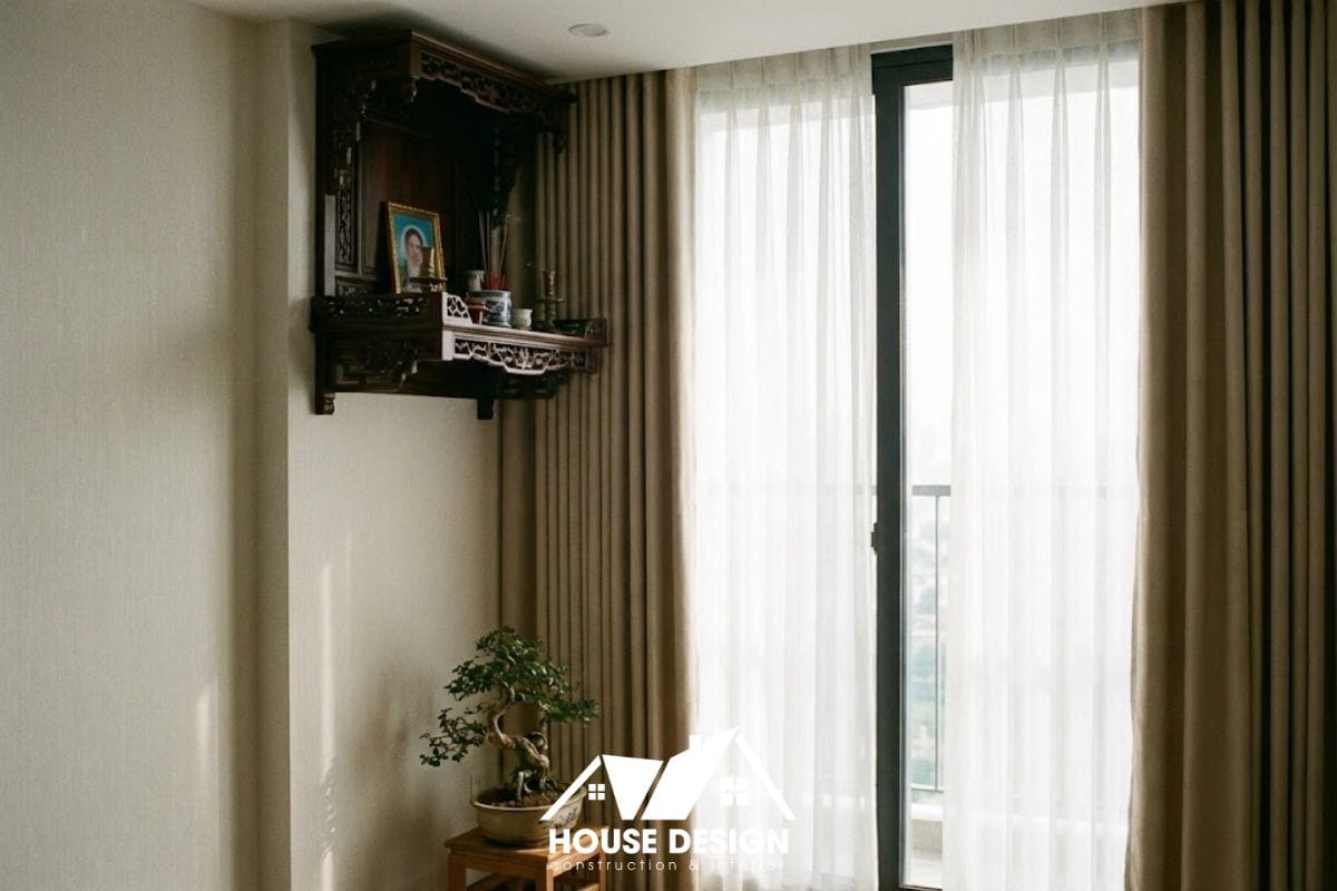 Bố trí bàn thờ chung cư gần khu vực cửa sổ có rèm hai lớp để chắn nắng và gió.