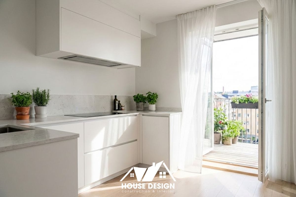 Hệ tủ bếp kịch trần thiết kế phẳng không tay nắm giúp lưu trữ đồ thông minh.