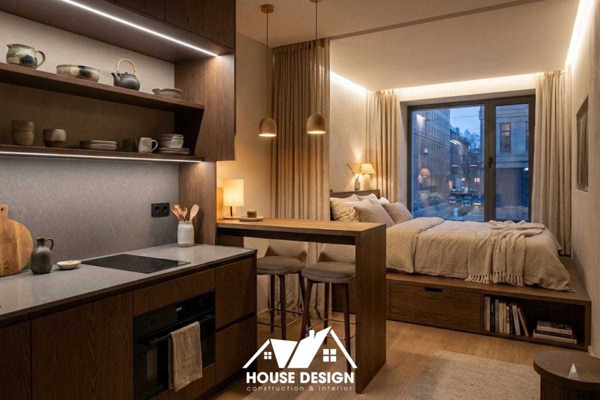 cách bố trí giường bục và bếp trong căn hộ nhỏ 20m2 đầy đủ tiện nghi