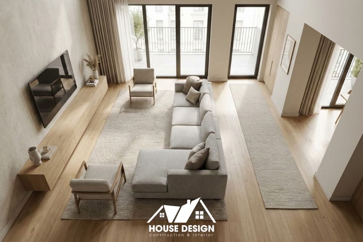 Góc nhìn từ trên cao minh họa cách bố trí nội thất phòng khách chung cư khoa học, phân chia 3 vùng chức năng rõ ràng.