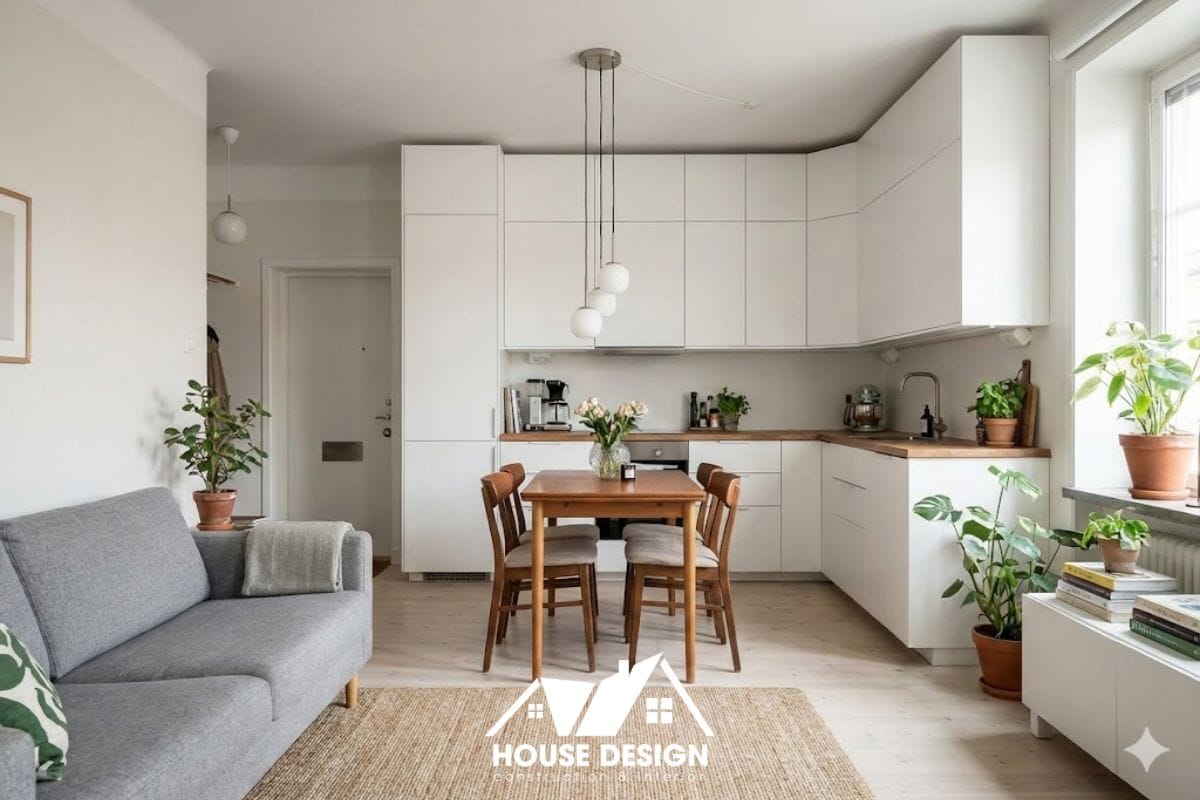 cách bố trí phòng khách liền bếp chữ L tối ưu không gian