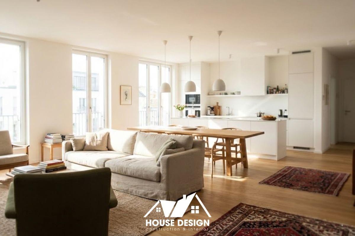 không gian phòng khách căn hộ 80m2 thiết kế hiện đại tràn ngập ánh sáng tự nhiên