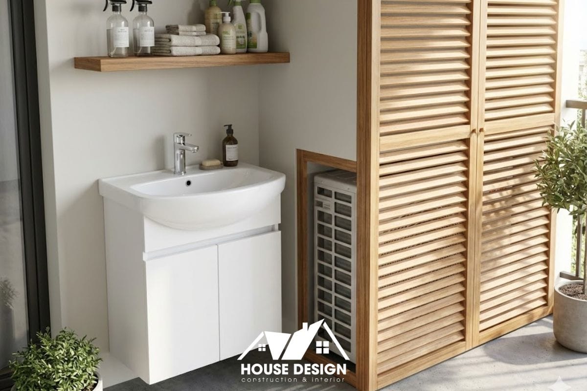 bồn rửa tay và tủ đồ đa năng lắp đặt gọn gàng tại logia kỹ thuật