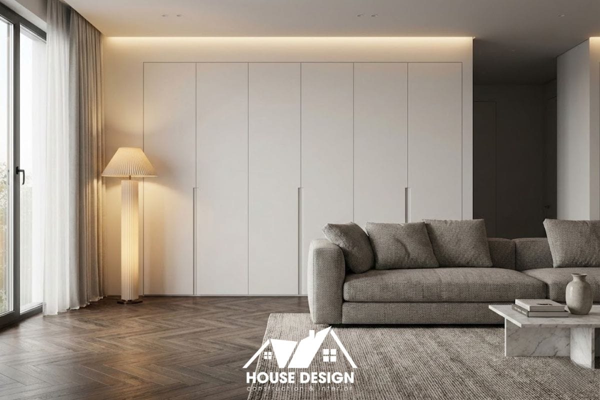 Không gian phòng khách chung cư tập trung vào bộ sofa chất lượng, hệ thống đèn ấm cúng và tủ lưu trữ âm tường gọn gàng.