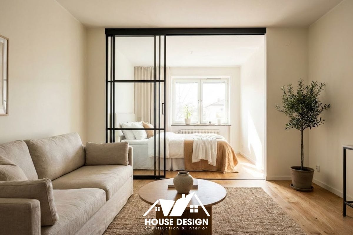 Không gian căn hộ 1 phòng ngủ sau khi được cải tạo thành 2 phòng ngủ với vách kính hiện đại và ánh sáng tự nhiên, thiết kế bởi House Design.