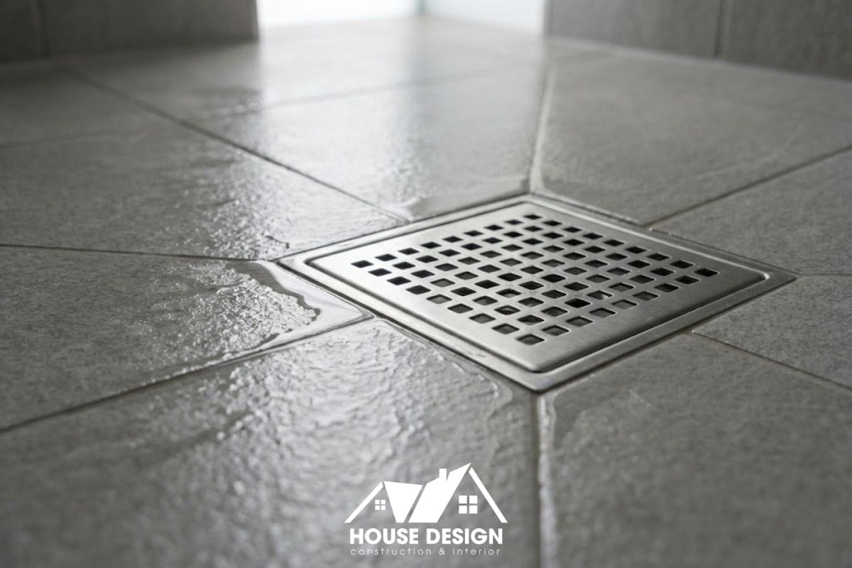 Cận cảnh phễu thu sàn và gạch lát nền có độ dốc chuẩn giúp thoát nước nhanh.