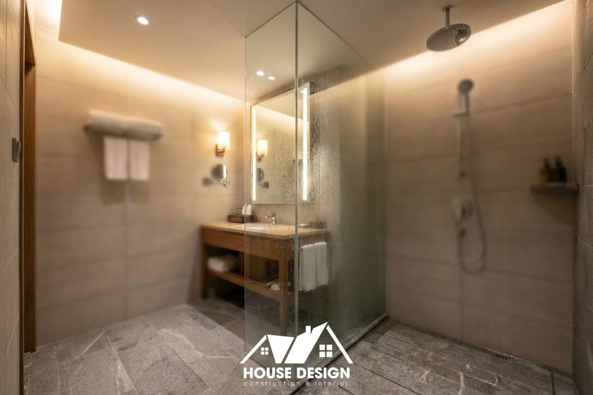 Vách kính tắm đứng cường lực phân chia khu khô và ướt trong nhà vệ sinh chung cư.