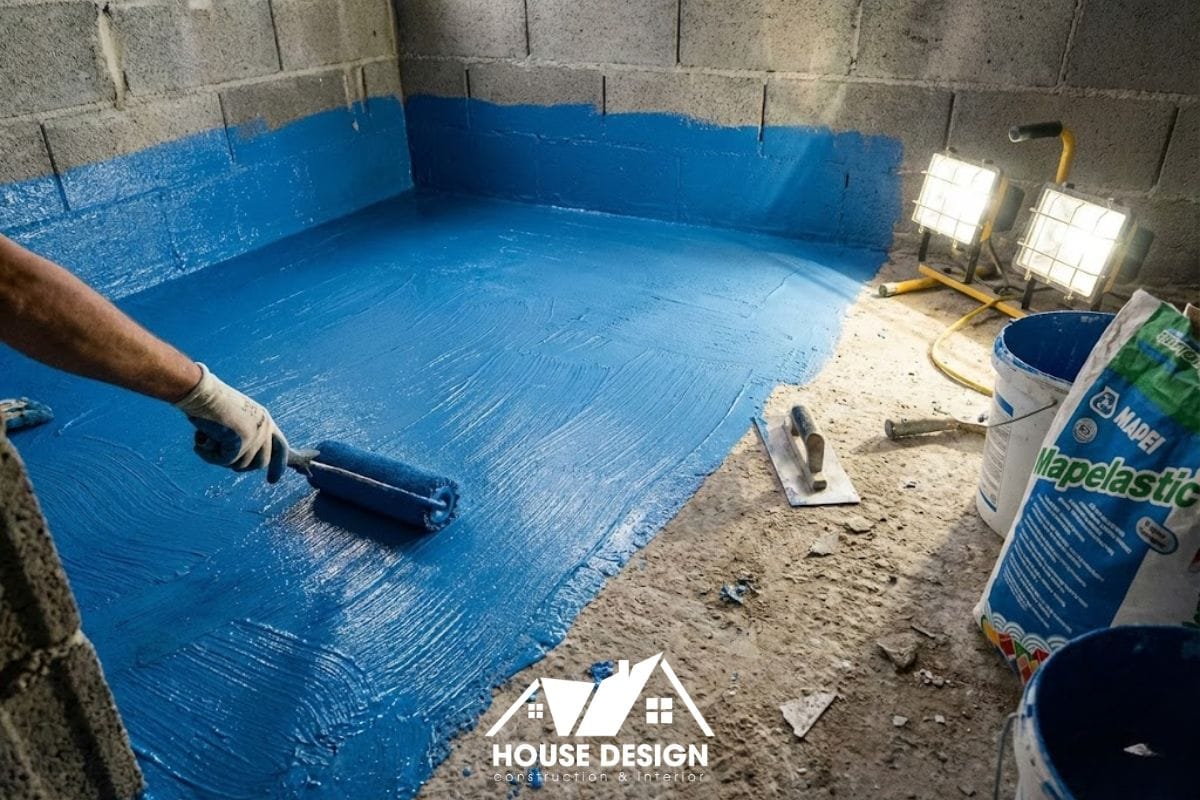 Thợ thi công đang quét lớp chống thấm chuyên dụng cho sàn và chân tường nhà vệ sinh chung cư.