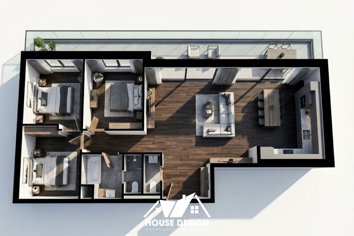 sơ đồ 3d căn hộ 2 phòng ngủ 90m2 có ban công dài thông thoáng