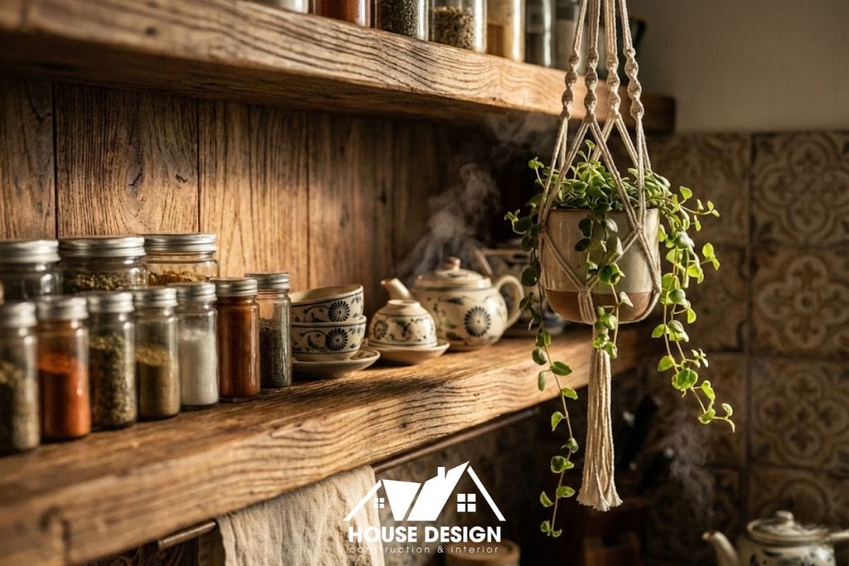 :Chi tiết trang trí bếp hoặc quầy bar mini trong căn hộ chung cư phong cách Indochine.