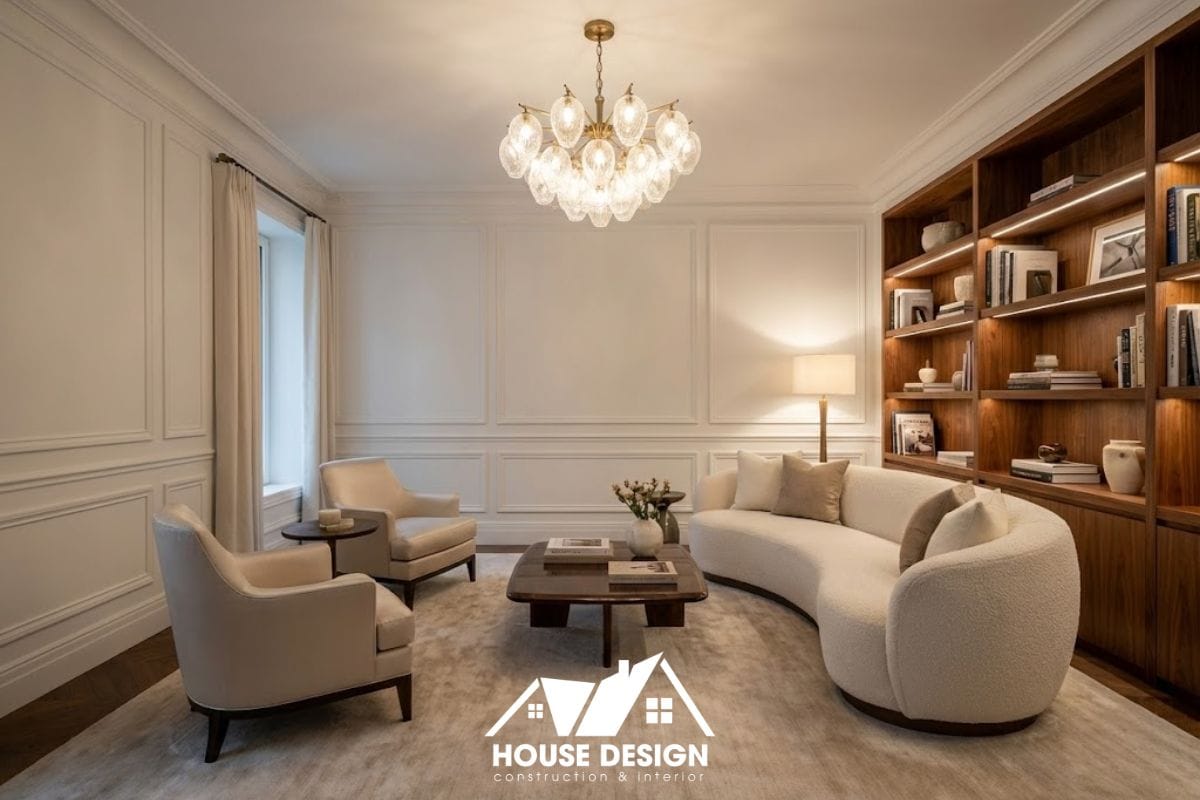 Cận cảnh chi tiết nội thất cao cấp và hệ thống đèn trang trí tinh tế trong phòng khách.