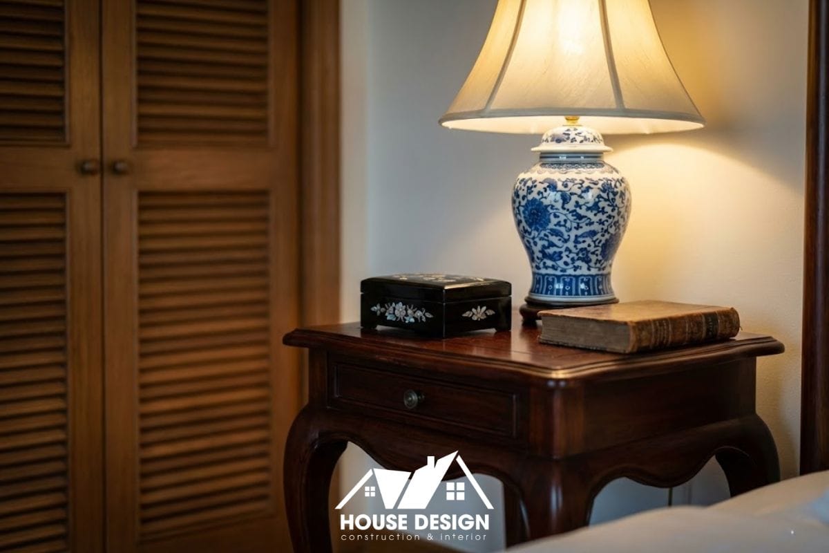 Cận cảnh tab đầu giường và đèn gốm trang trí trong phòng ngủ chung cư Indochine.