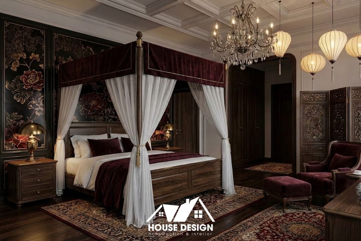 Không gian chung cư phong cách Indochine Luxury sử dụng nội thất gỗ cao cấp mạ vàng.