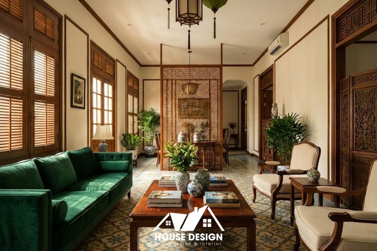 Không gian phòng khách chung cư thiết kế phong cách Indochine sang trọng với nội thất gỗ và gạch bông cổ điển.