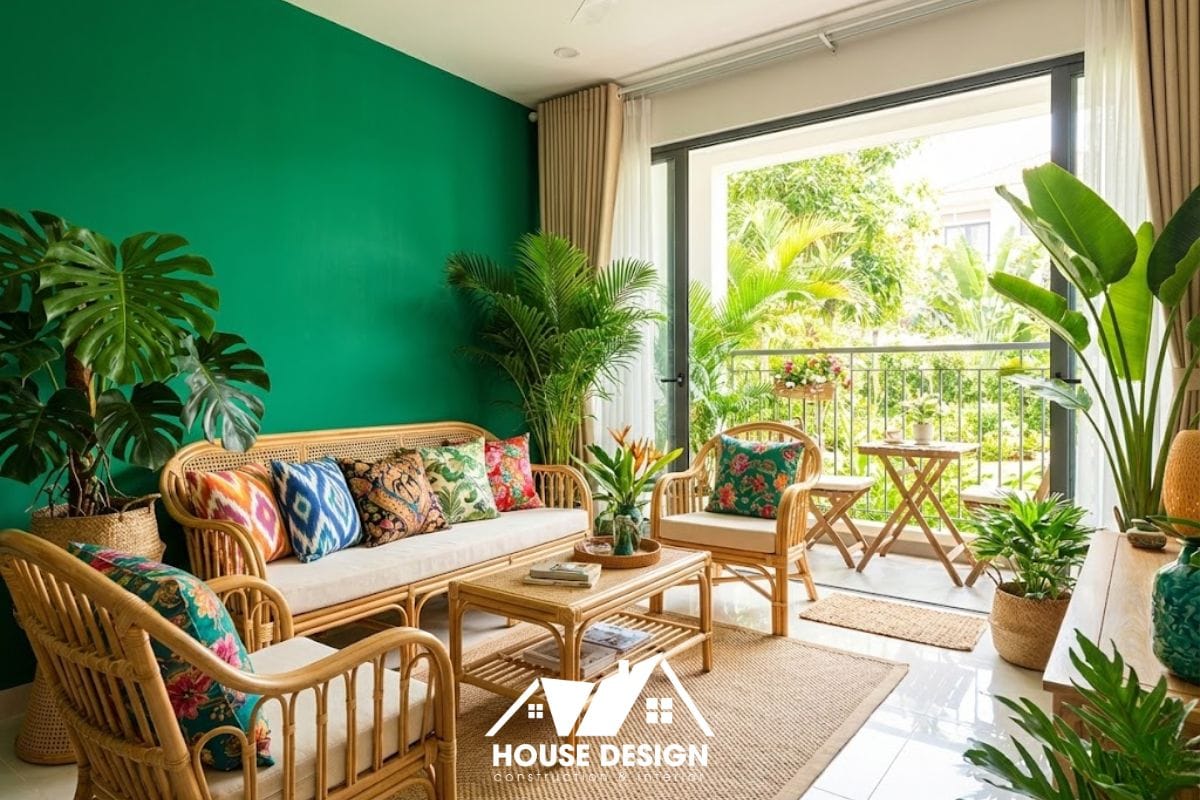 Phòng khách chung cư phong cách Indochine Tropical tràn ngập cây xanh và ánh sáng.